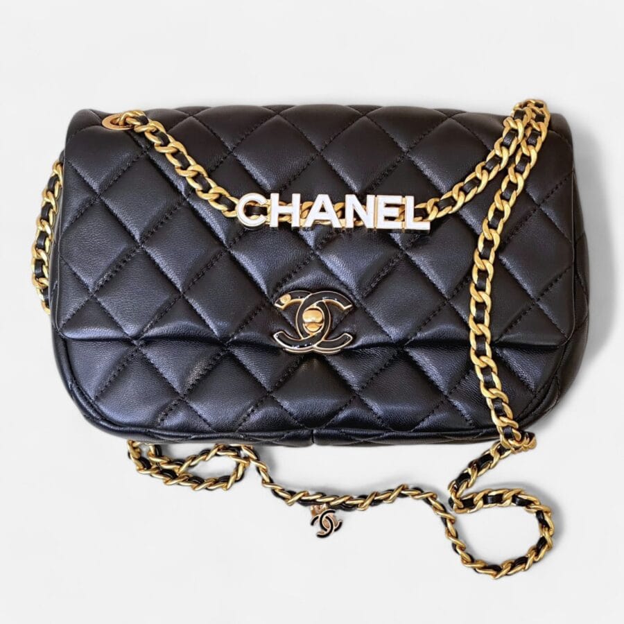 Chanel 24P Enamel Flap HandBag Black Lambskin Leather