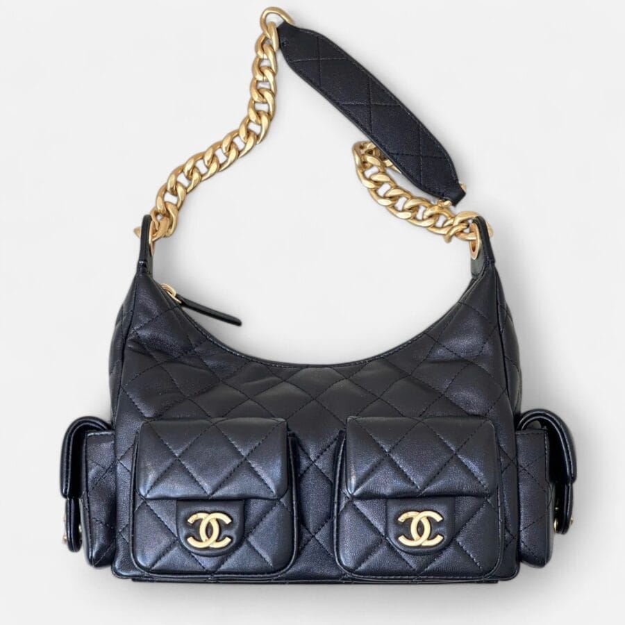 Chanel 25C Hobo HandBag Black Lambskin Leather