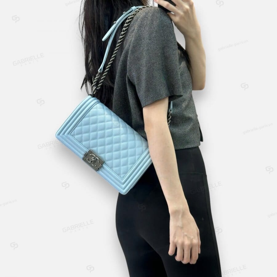 Chanel Leboy in Ice Blue Color With Silver Hardware and Caviar Leather Bag - Image 5