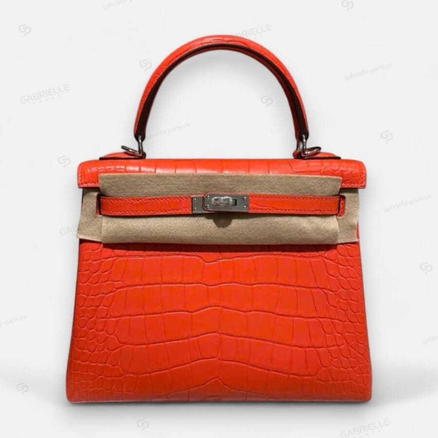 Hermes Kelly 25 Orange PHW HandBag Alligator