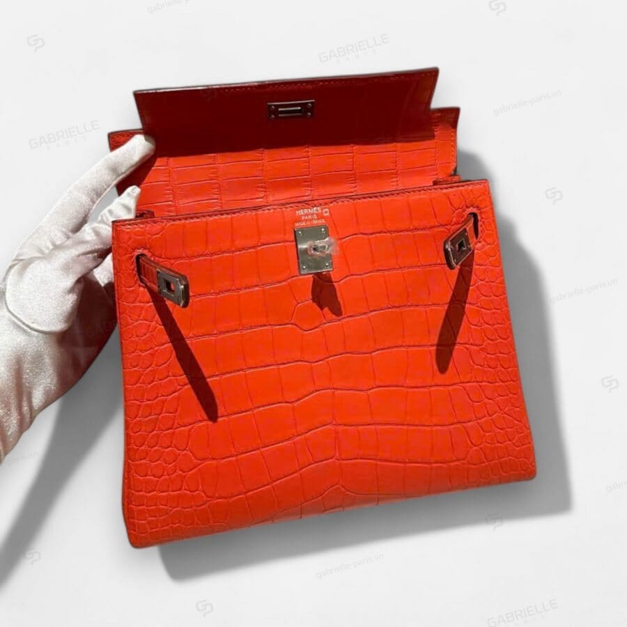 Hermes Kelly 25 Orange PHW HandBag Alligator - Image 2