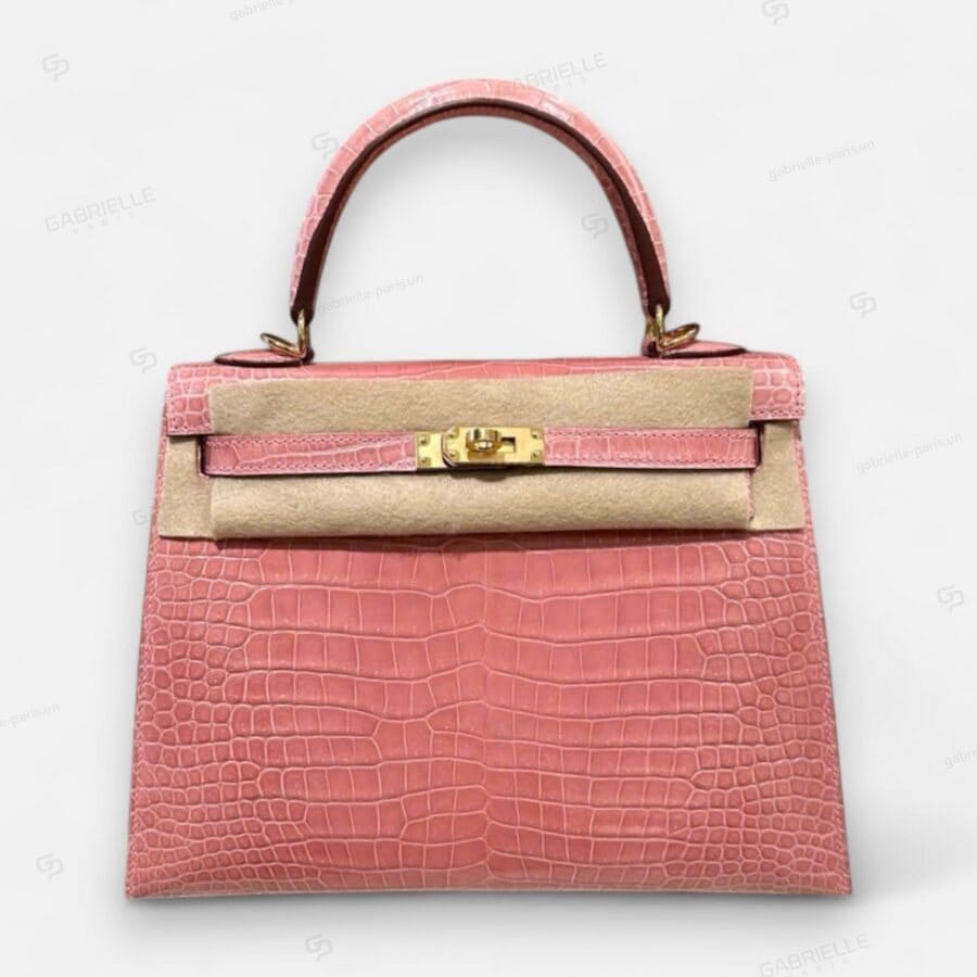 Hermes Kelly 25 Rose Confetti GHW Porosus shiny HandBag