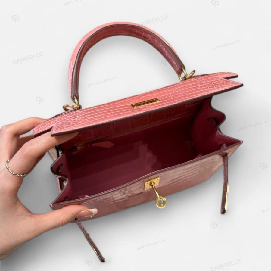 Hermes Kelly 25 Rose Confetti GHW Porosus shiny HandBag - Image 8