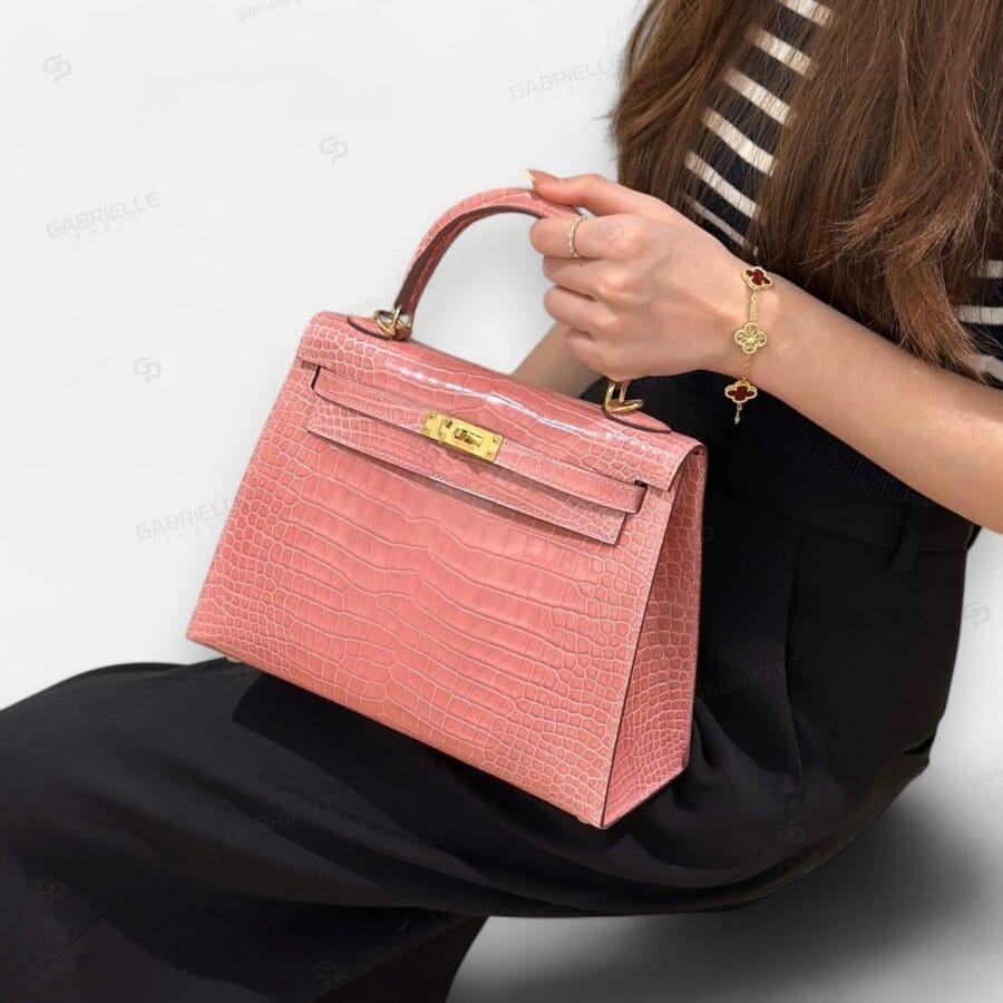 Hermes Kelly 25 Rose Confetti GHW Porosus shiny HandBag - Image 9