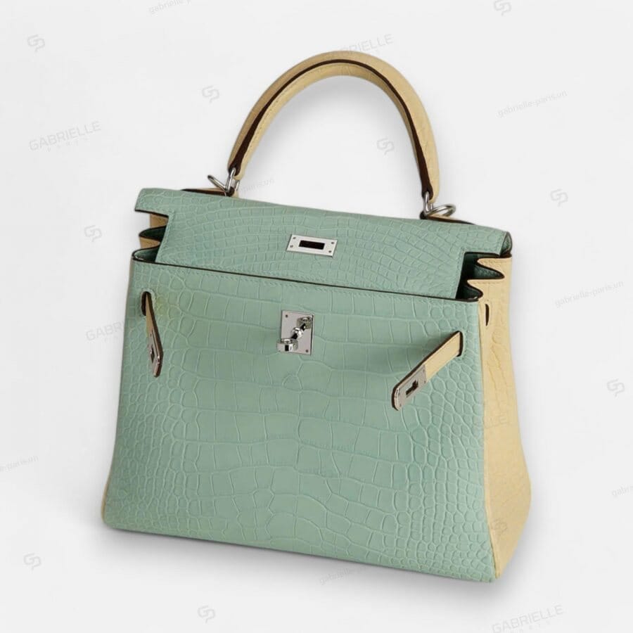 Hermes Kelly 25 6U Vert deau Yi Vanille PHW HandBag Alligator - Image 2