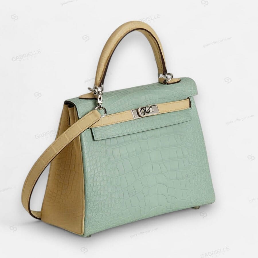 Hermes Kelly 25 6U Vert deau Yi Vanille PHW HandBag Alligator - Image 7