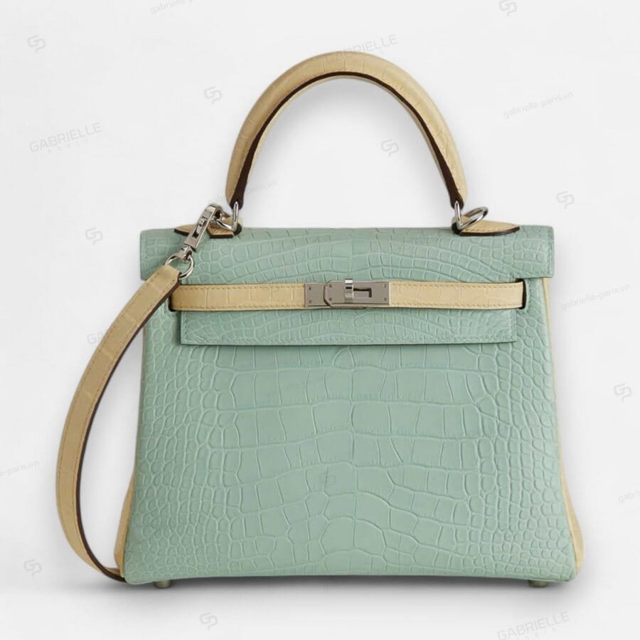 Hermes Kelly 25 6U Vert deau Yi Vanille PHW HandBag Alligator